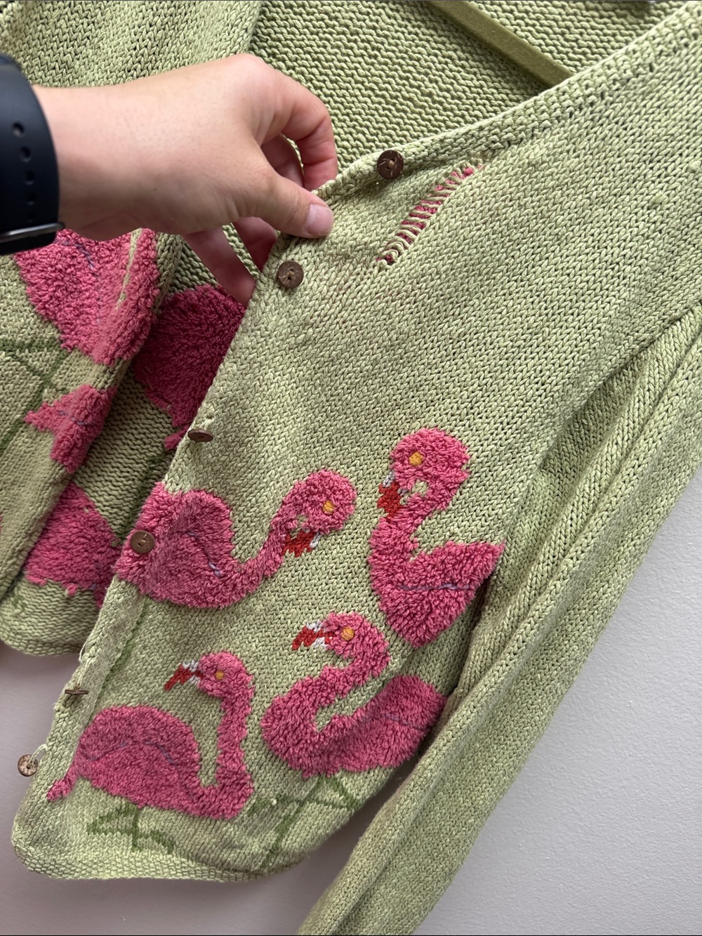 VTG Knit by Hand David Brooks Fuzzy Flamingo Linen Blend Cardigan Sz XL Beachy - Picture 3 of 6